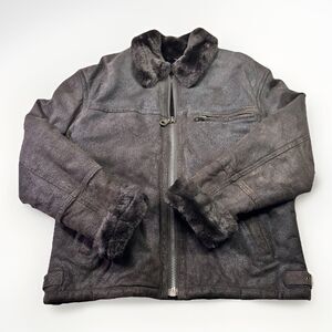 Vintage Guess Faux Shearling Aviator Jacket – Brown Textured Suede Finish